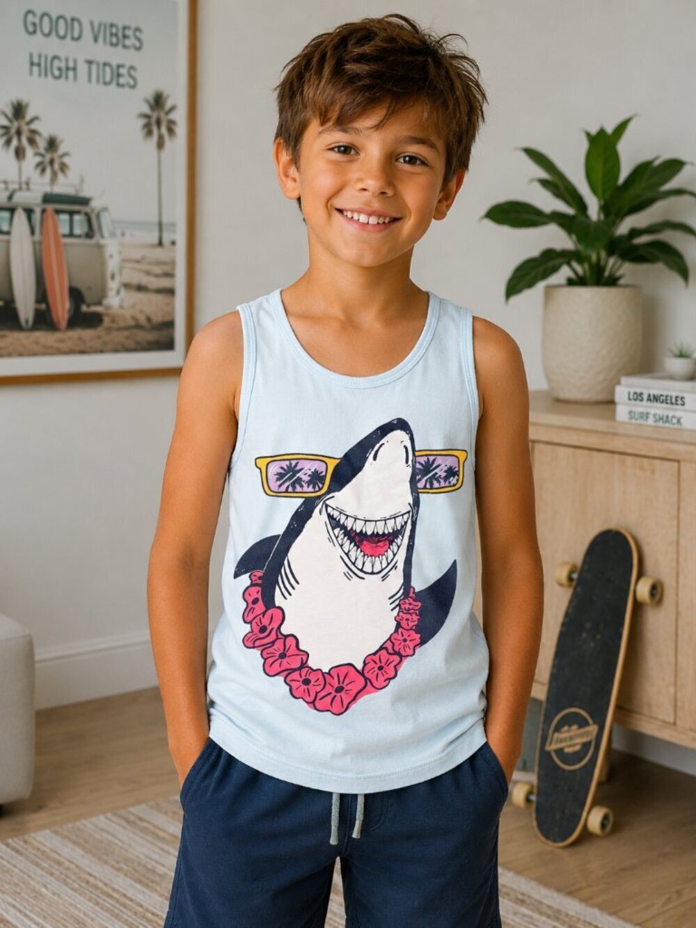 Cat & Jack Boy/Girl Shark Tank Top Size Medium 8 Light Blue Graphic Sleeveless